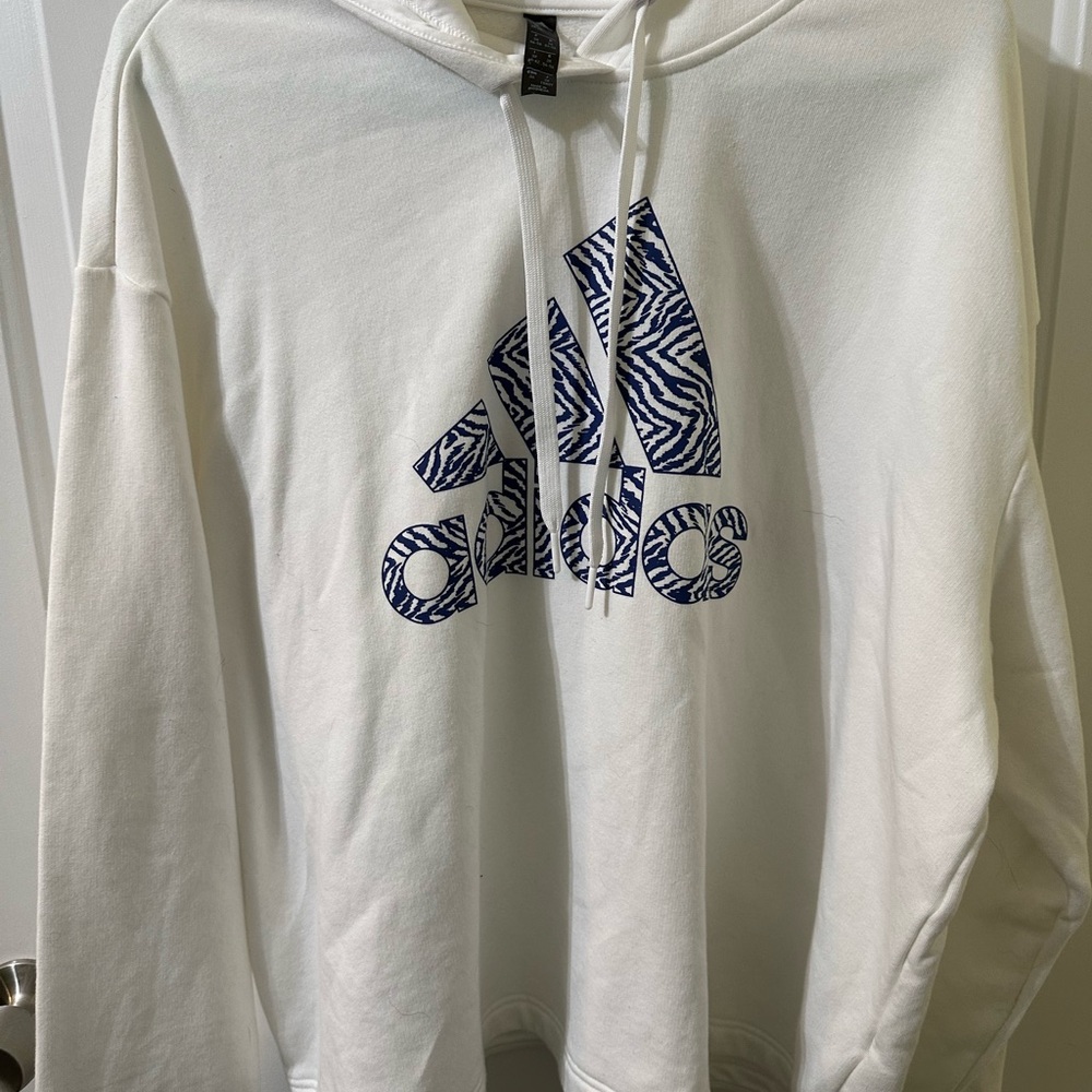 Adidas White Hoodie with Blue Pattern Logo